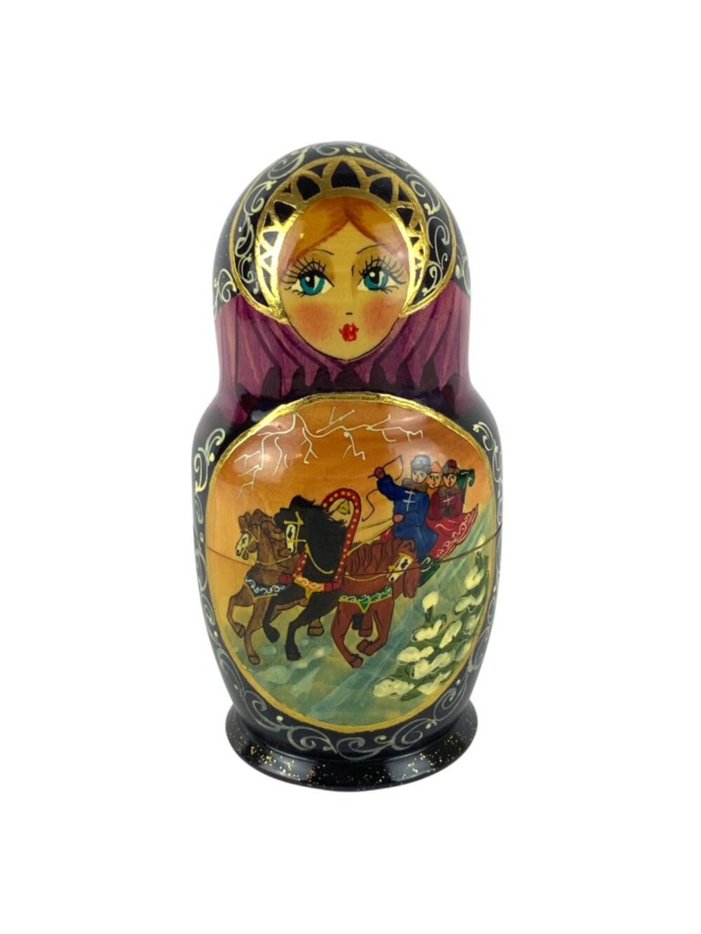 Hand Painted Russian Matryoshka Nesting Dolls Set Of 5 Horse Sleigh Black Gold 8
